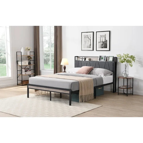 Beige & Black Full Size Platform Bed Frame for 2, Upholstered Headboard, USB Ports