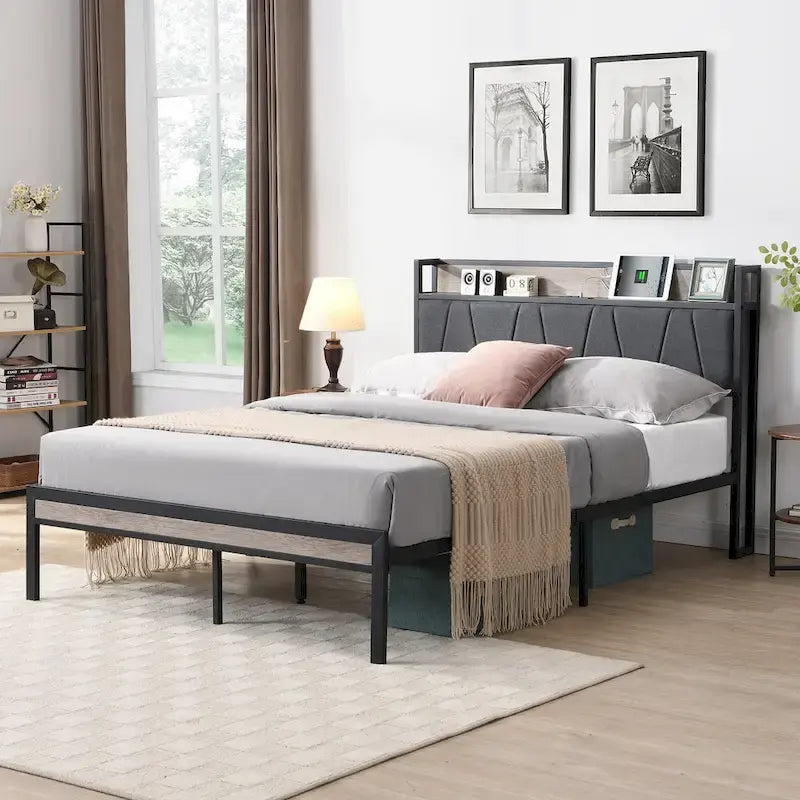 Beige & Black Full Size Platform Bed Frame for 2, Upholstered Headboard, USB Ports