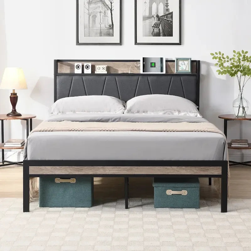 Beige & Black Full Size Platform Bed Frame for 2, Upholstered Headboard, USB Ports