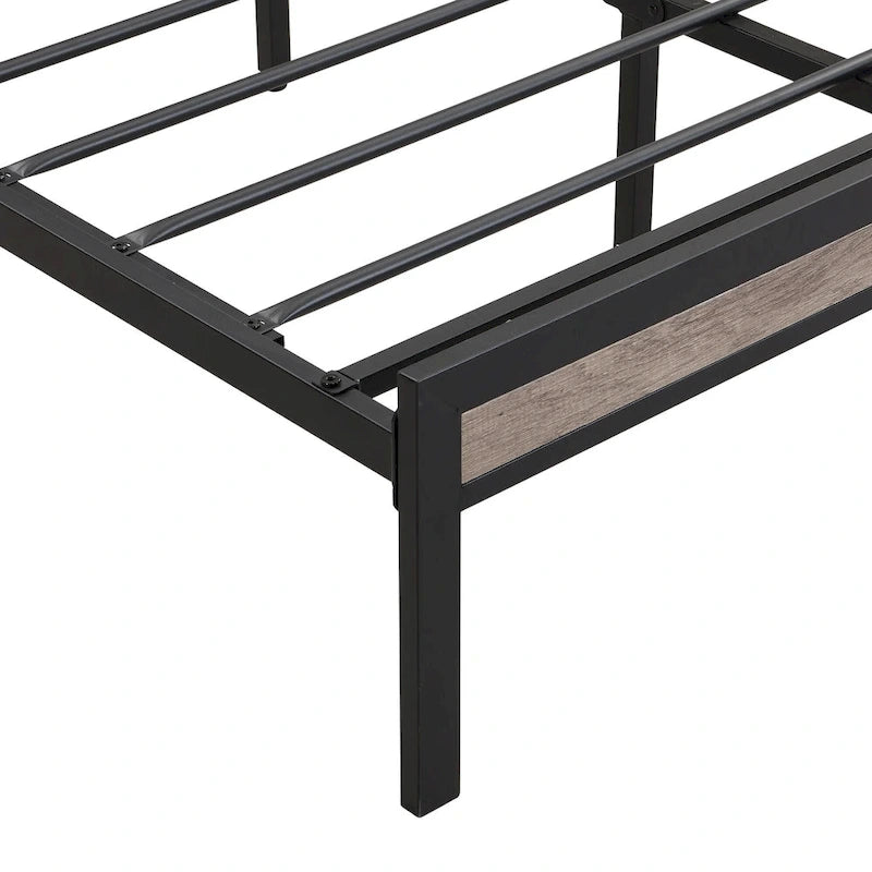 Beige & Black Full Size Platform Bed Frame for 2, Upholstered Headboard, USB Ports