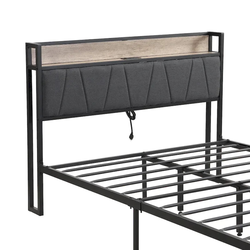 Beige & Black Full Size Platform Bed Frame for 2, Upholstered Headboard, USB Ports
