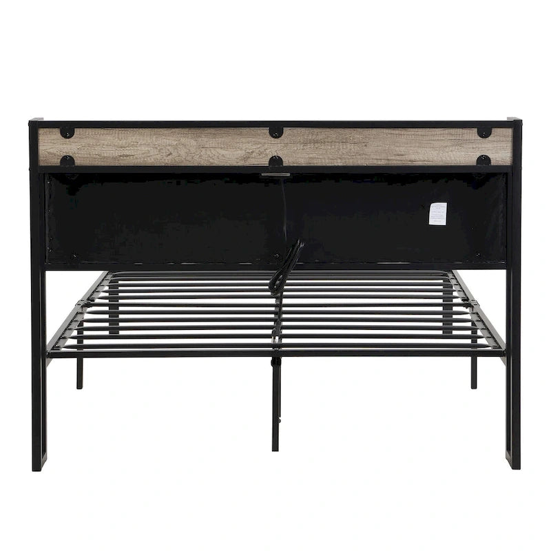 Beige & Black Full Size Platform Bed Frame for 2, Upholstered Headboard, USB Ports