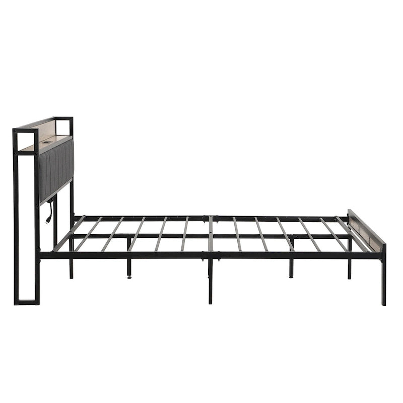 Beige & Black Full Size Platform Bed Frame for 2, Upholstered Headboard, USB Ports