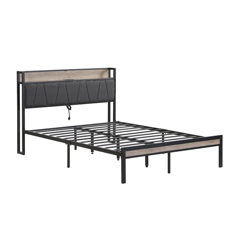 Beige & Black Full Size Platform Bed Frame for 2, Upholstered Headboard, USB Ports
