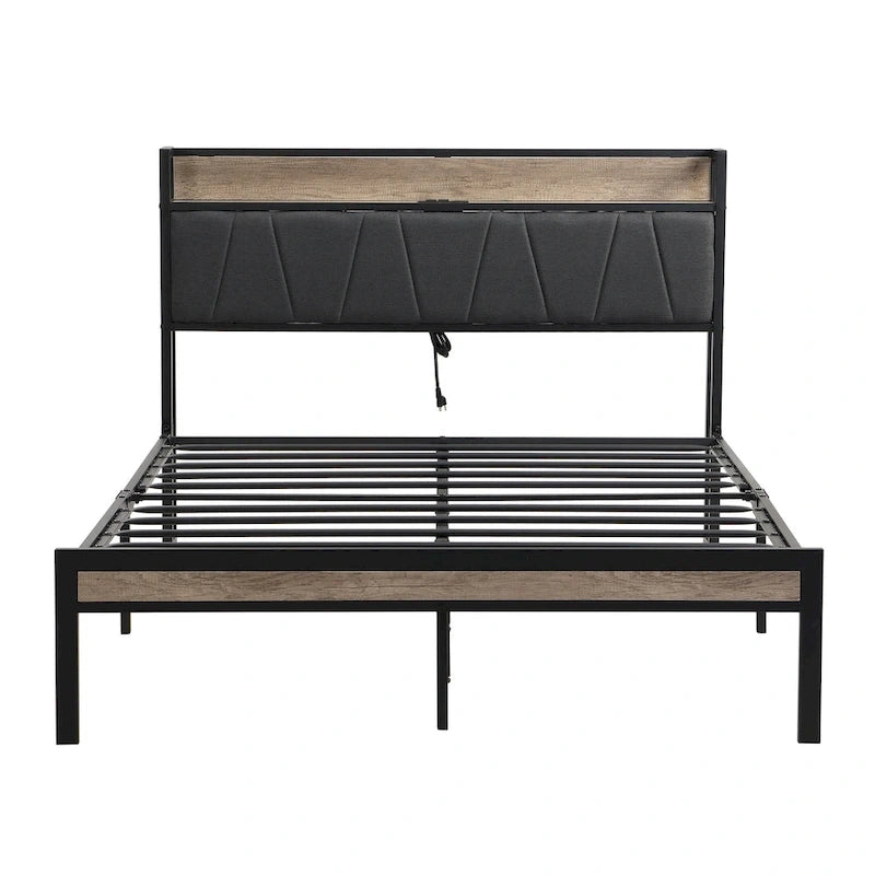 Beige & Black Full Size Platform Bed Frame for 2, Upholstered Headboard, USB Ports
