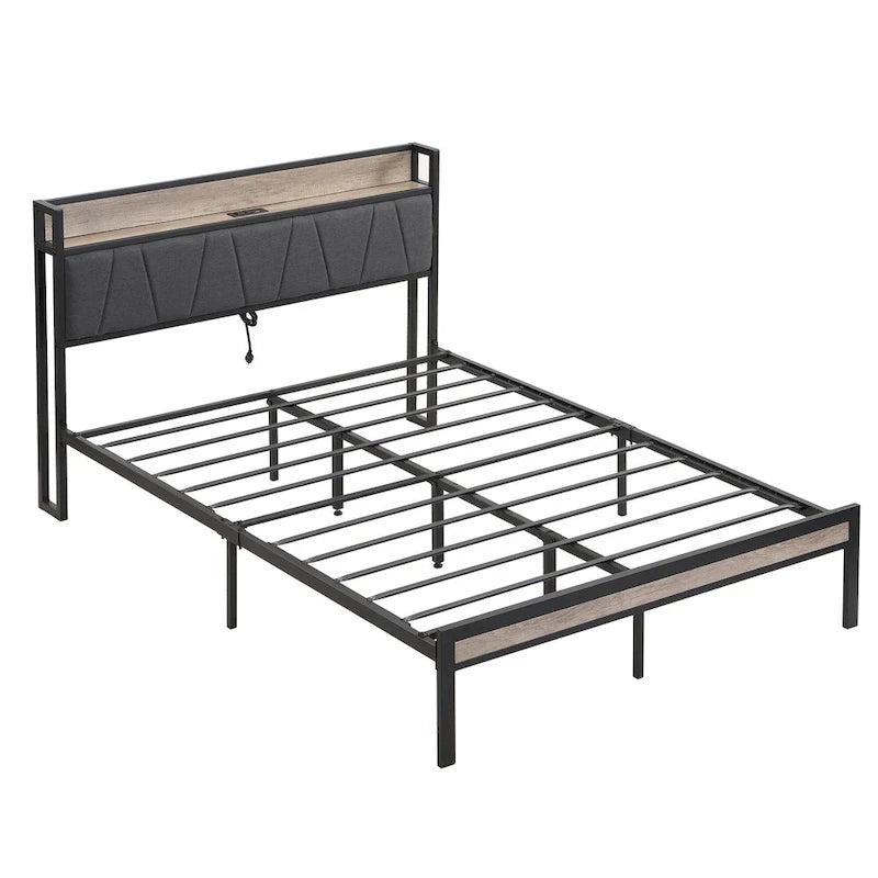 Beige & Black Full Size Platform Bed Frame for 2, Upholstered Headboard, USB Ports