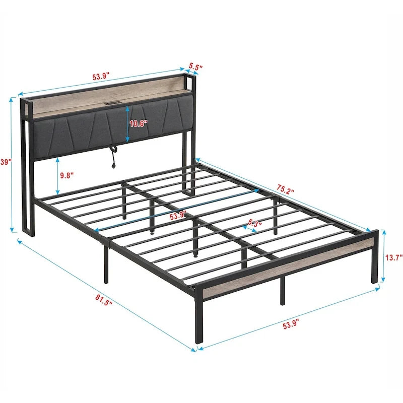 Beige & Black Full Size Platform Bed Frame for 2, Upholstered Headboard, USB Ports