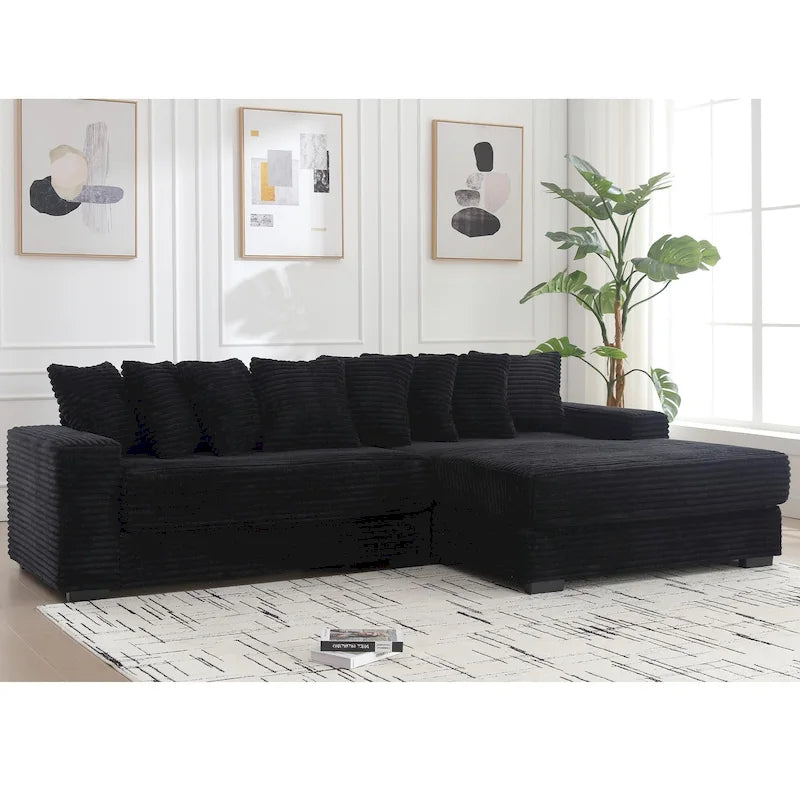 Black/Green/Gray/Beige Corduroy L-Shaped Sectional Sofa with Right Chaise, Seats 3