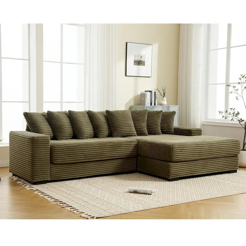 Black/Green/Gray/Beige Corduroy L-Shaped Sectional Sofa with Right Chaise, Seats 3