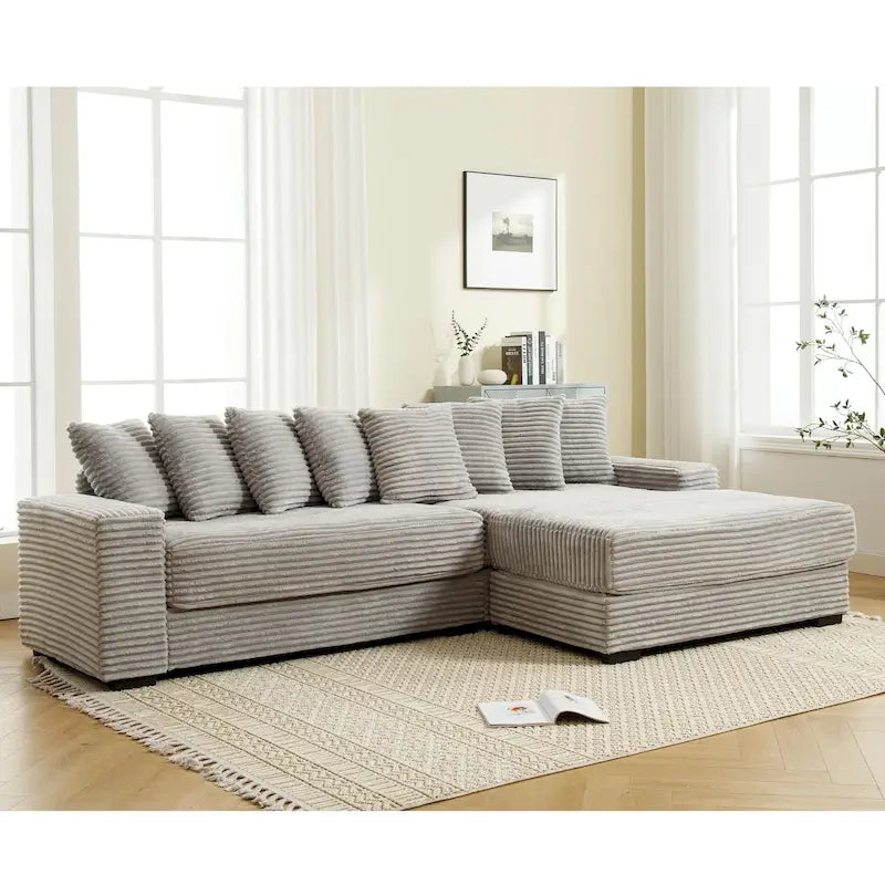 Black/Green/Gray/Beige Corduroy L-Shaped Sectional Sofa with Right Chaise, Seats 3