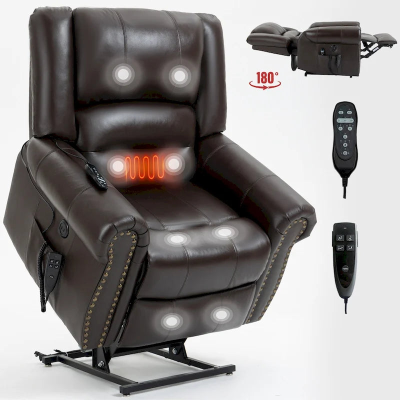Brown / Black Genuine Leather Power Lift Recliner Chair, Single Seat, Dual Motor with Heat & Massage