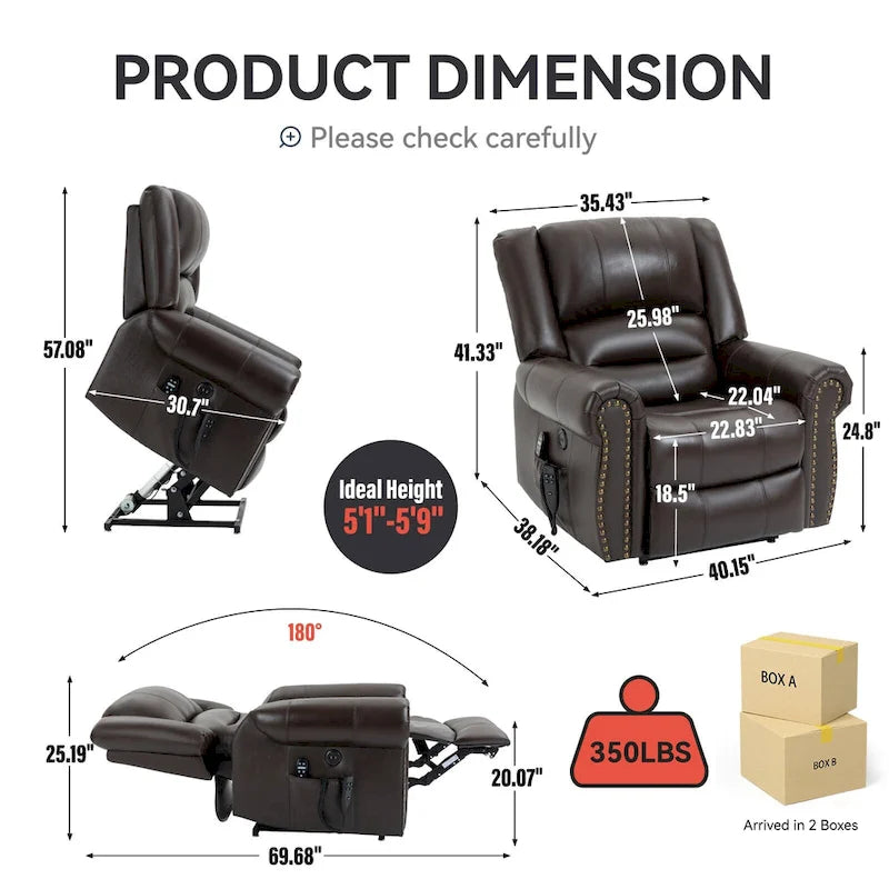 Brown / Black Genuine Leather Power Lift Recliner Chair, Single Seat, Dual Motor with Heat & Massage