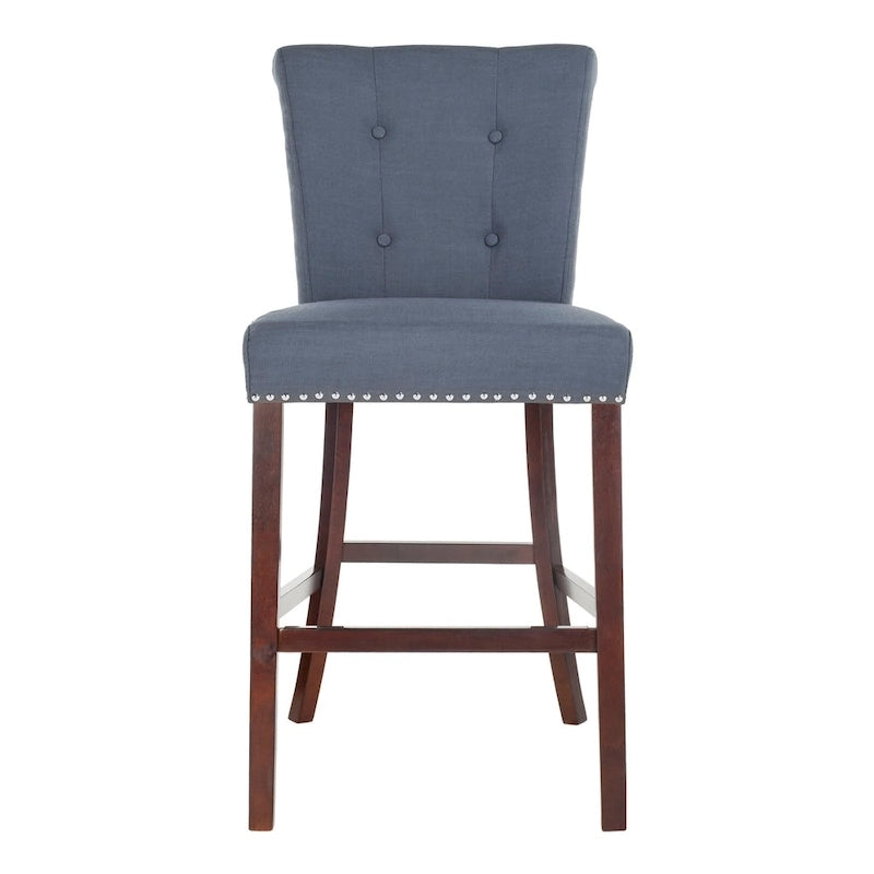 Light Grey Tufted Bar Stool, Chrome Ring & Espresso Legs, Set of 2