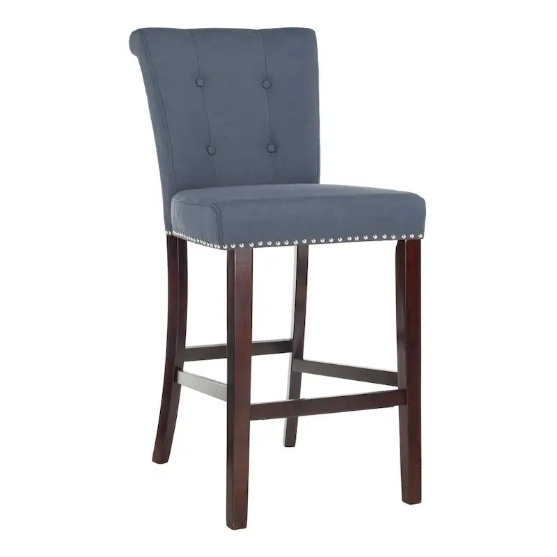 Light Grey Tufted Bar Stool, Chrome Ring & Espresso Legs, Set of 2