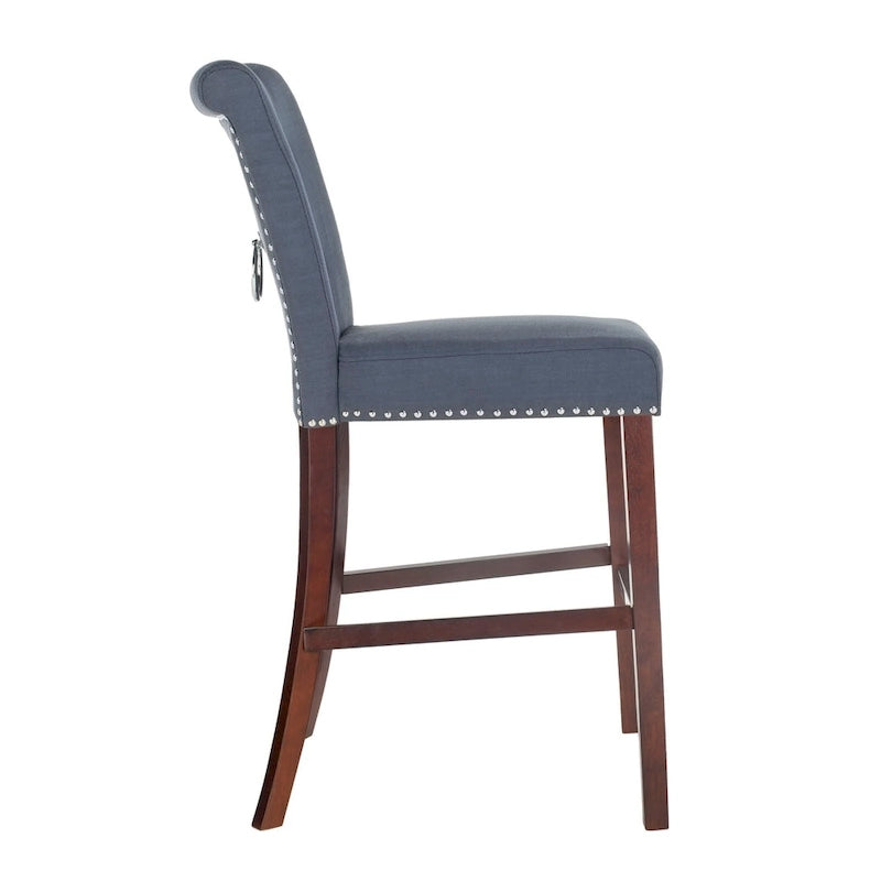 Light Grey Tufted Bar Stool, Chrome Ring & Espresso Legs, Set of 2