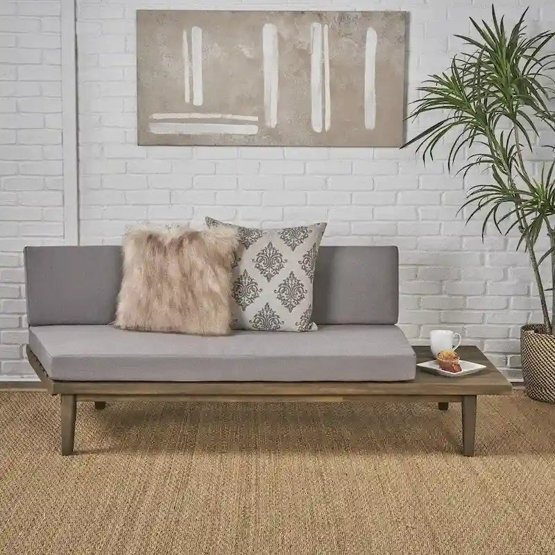 Grey/Brown Minimalist Acacia Wood Right-Sided 2-Seater Sofa