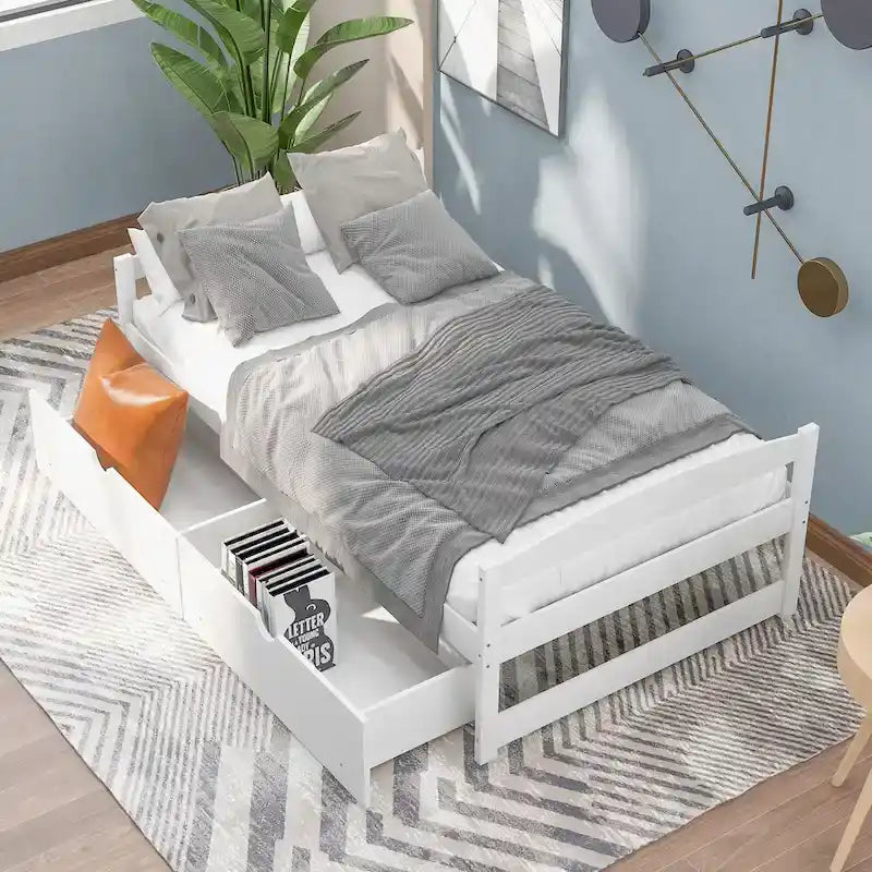 Twin Platform Bed with 2 Drawers, Black / White / Grey, Single