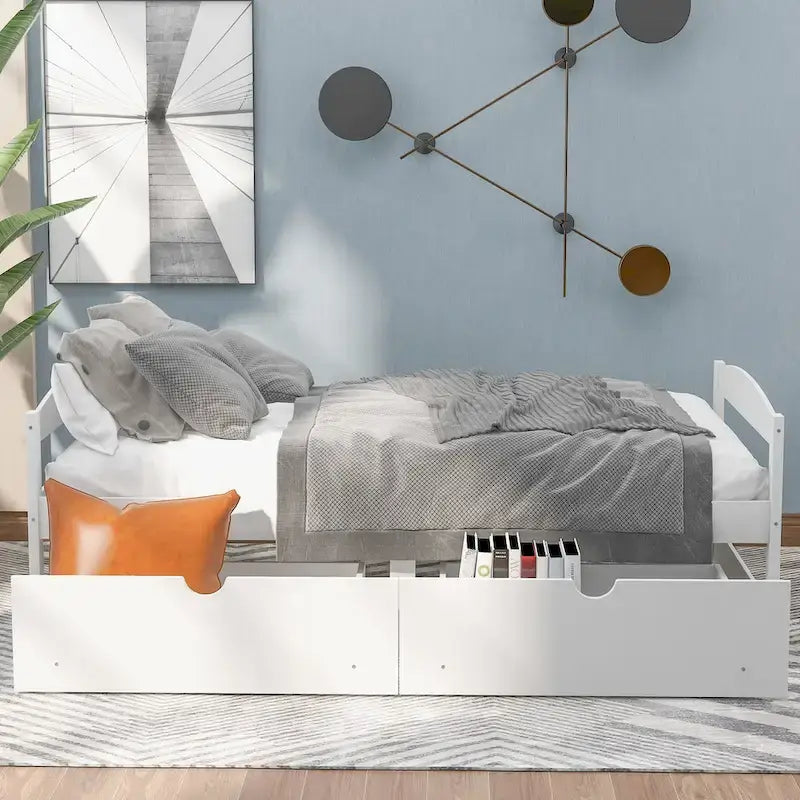 Twin Platform Bed with 2 Drawers, Black / White / Grey, Single