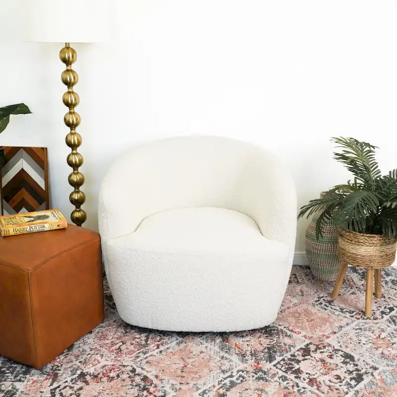Dark Yellow / Blue / White Boucle Fabric Swivel Accent Chair, Single Seat