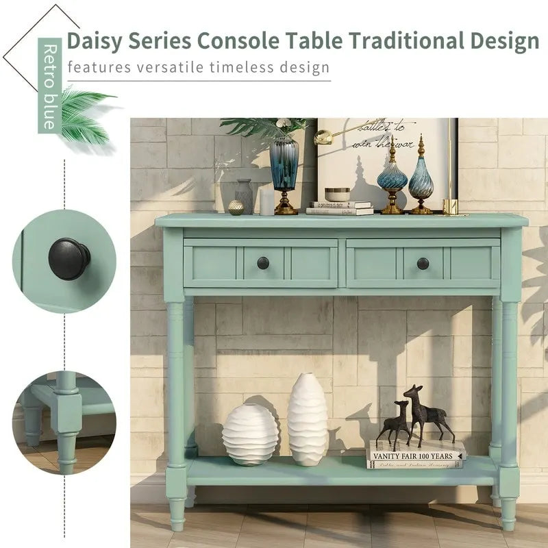 Retro Grey / Blue / White / Espresso / Navy Console Table with 2 Drawers & Shelf – 2-Person Assembly