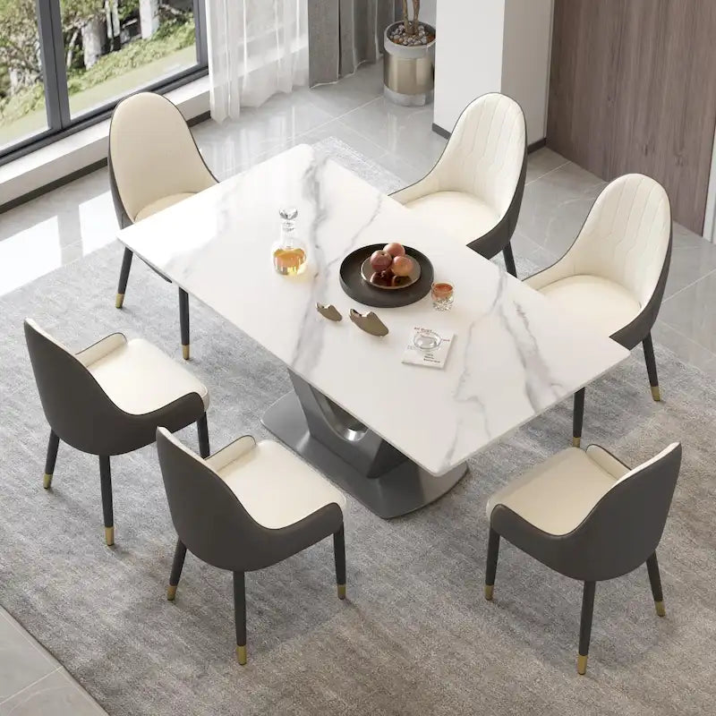 White/Black/Off White Rectangle Sintered Stone Dining Table with V-Shape Steel Base, Seats 4–6