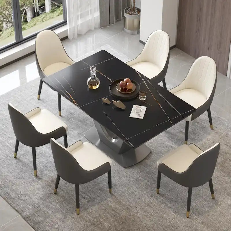 White/Black/Off White Rectangle Sintered Stone Dining Table with V-Shape Steel Base, Seats 4–6