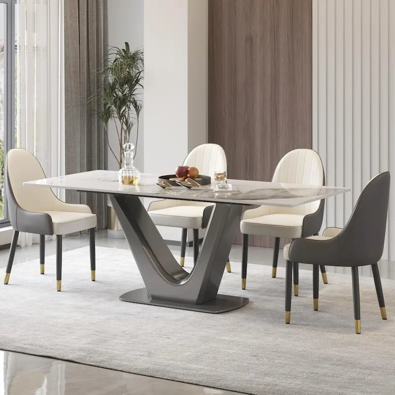White/Black/Off White Rectangle Sintered Stone Dining Table with V-Shape Steel Base, Seats 4–6