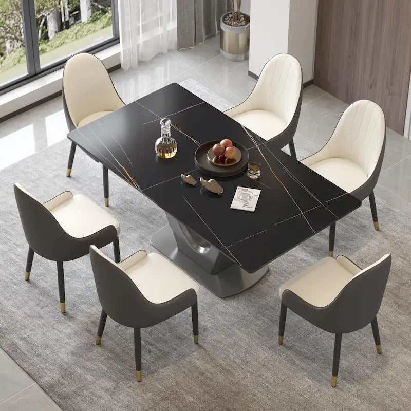 White/Black/Off White Rectangle Sintered Stone Dining Table with V-Shape Steel Base, Seats 4–6