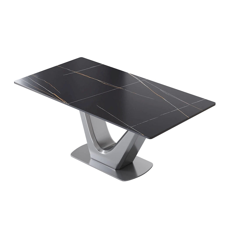 White/Black/Off White Rectangle Sintered Stone Dining Table with V-Shape Steel Base, Seats 4–6