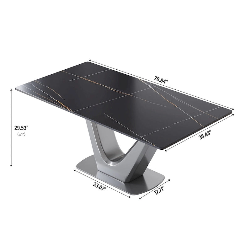 White/Black/Off White Rectangle Sintered Stone Dining Table with V-Shape Steel Base, Seats 4–6