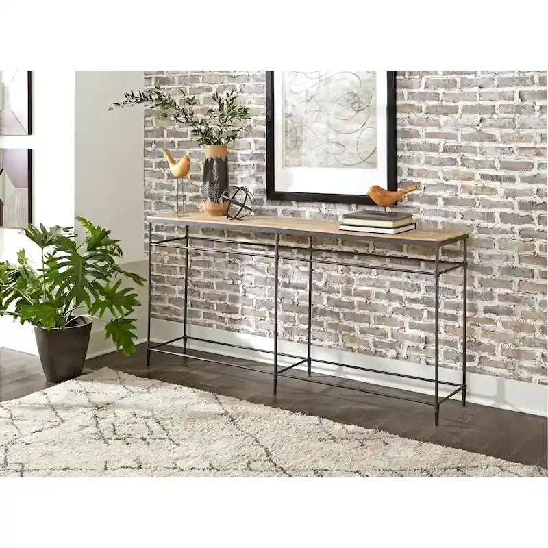 Mango Wood & Gunmetal Console Table, Pickled Finish — 74"W x 14"D x 35.5"H