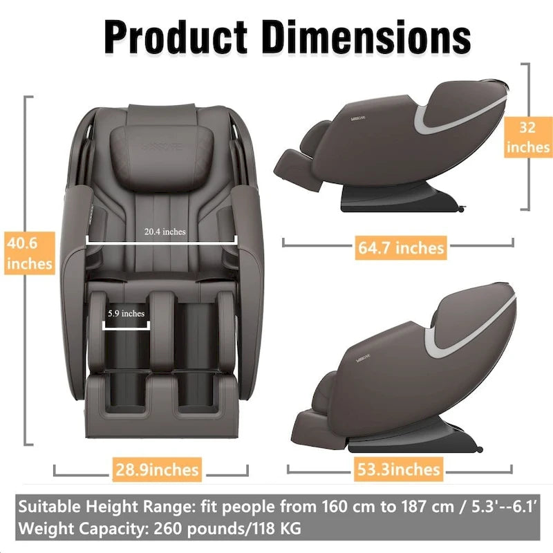 Zero Gravity Massage Recliner Chair with Airbag, Bluetooth & Foot Roller – Black / Brown, 1-Person