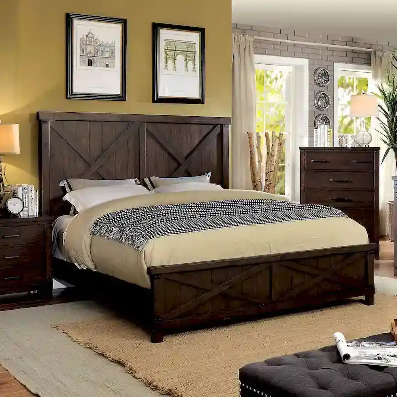 Dark Walnut Solid Wood Bed Frame, Rustic Style, for 2