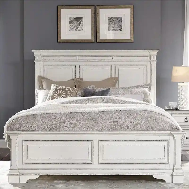 Antique White Queen Panel Bed for 2, Traditional Style