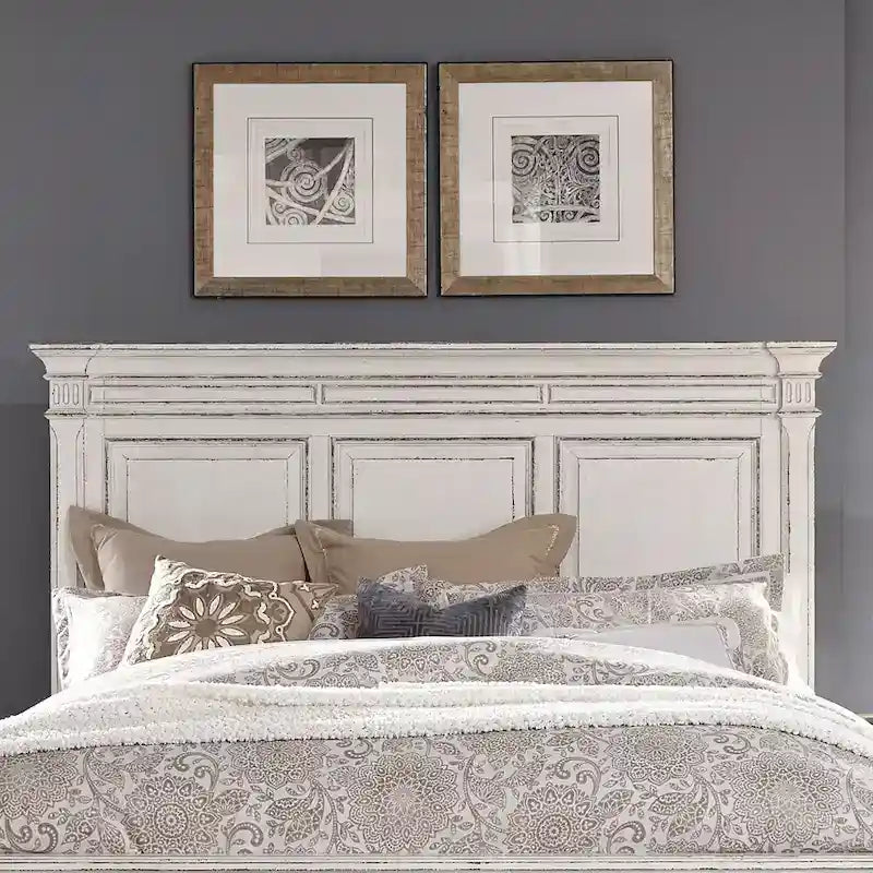 Antique White Queen Panel Bed for 2, Traditional Style