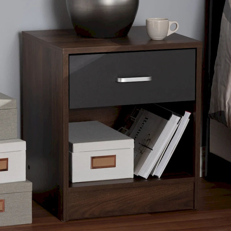 Walnut Brown & Dark Grey 1-Drawer Nightstand, for 1