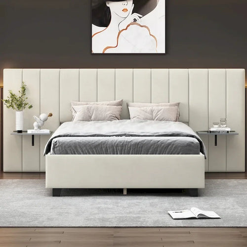 Beige Velvet Upholstered Platform Bed with Oversized Headboard & Side Shelves, Full/Queen