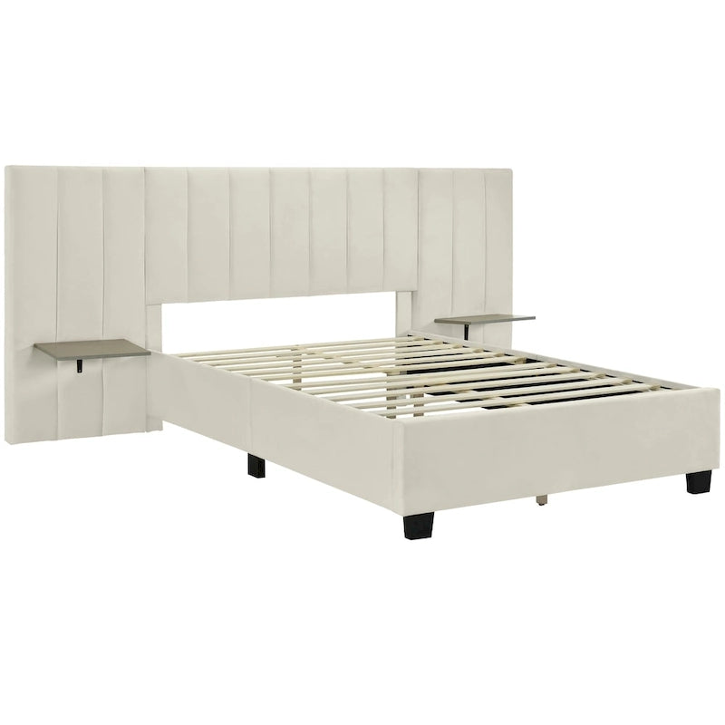 Beige Velvet Upholstered Platform Bed with Oversized Headboard & Side Shelves, Full/Queen