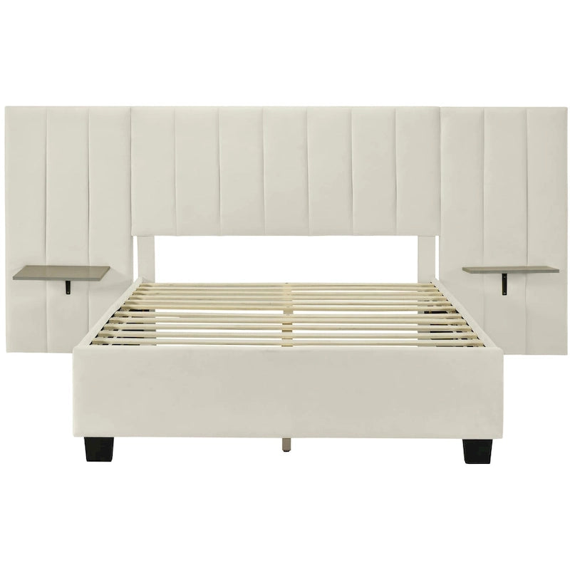 Beige Velvet Upholstered Platform Bed with Oversized Headboard & Side Shelves, Full/Queen