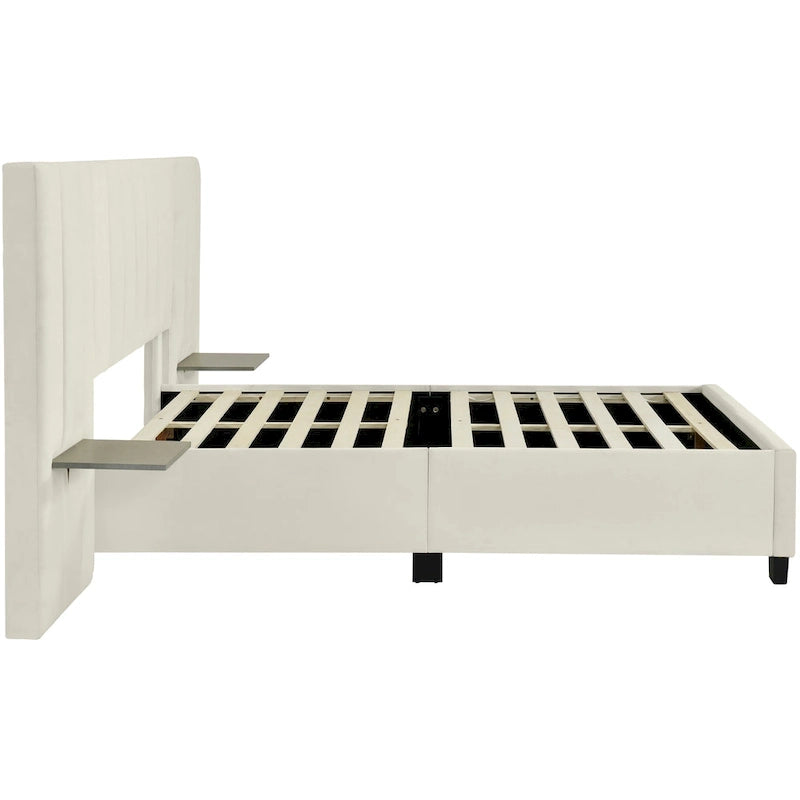 Beige Velvet Upholstered Platform Bed with Oversized Headboard & Side Shelves, Full/Queen