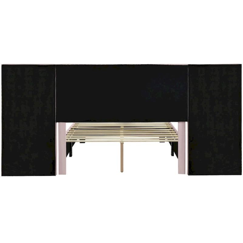 Beige Velvet Upholstered Platform Bed with Oversized Headboard & Side Shelves, Full/Queen