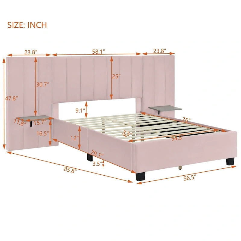 Beige Velvet Upholstered Platform Bed with Oversized Headboard & Side Shelves, Full/Queen