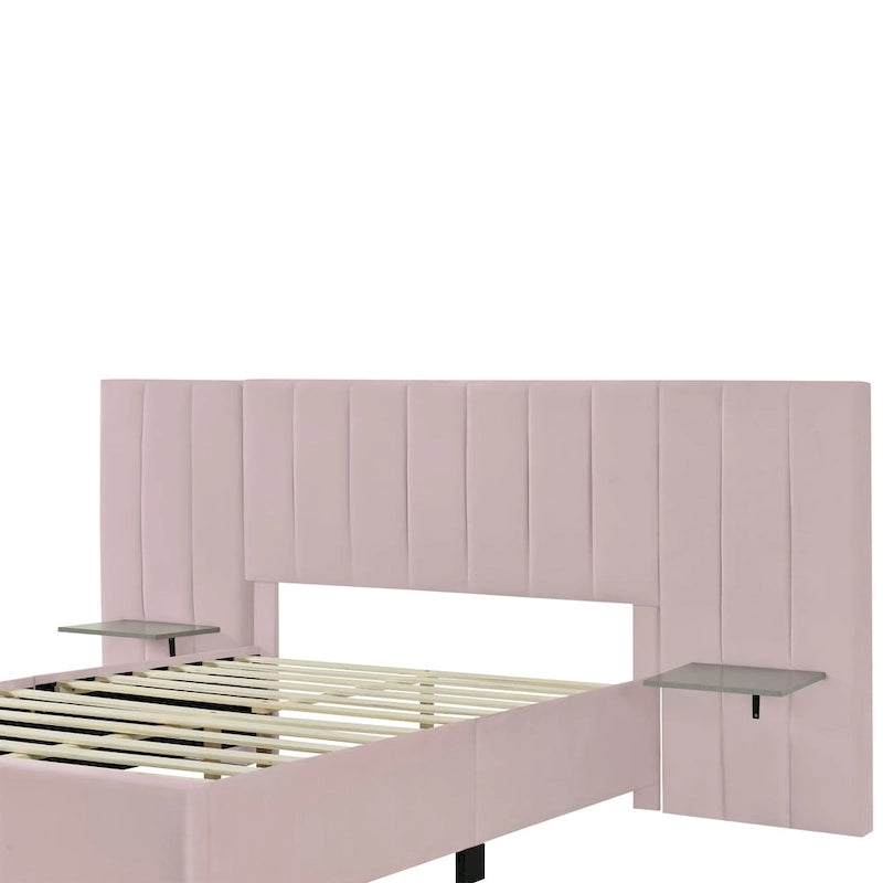 Beige Velvet Upholstered Platform Bed with Oversized Headboard & Side Shelves, Full/Queen