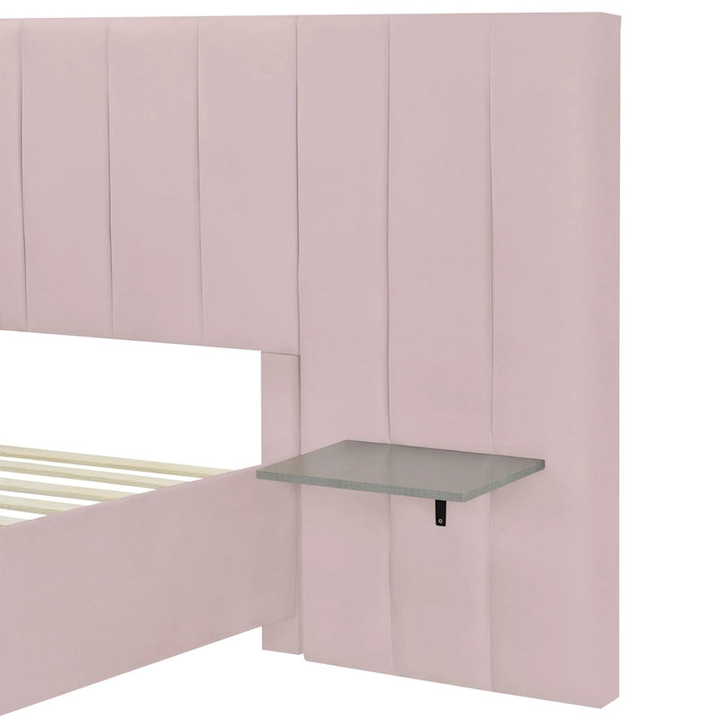 Beige Velvet Upholstered Platform Bed with Oversized Headboard & Side Shelves, Full/Queen