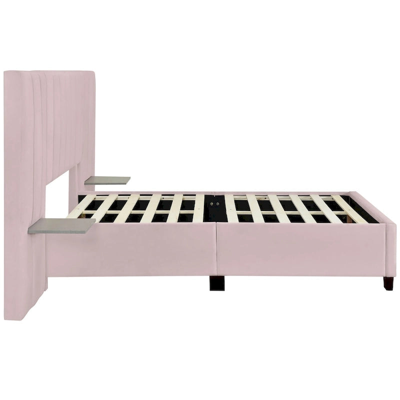 Beige Velvet Upholstered Platform Bed with Oversized Headboard & Side Shelves, Full/Queen