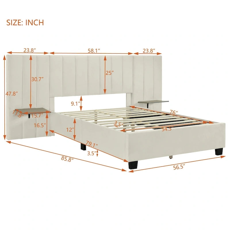 Beige Velvet Upholstered Platform Bed with Oversized Headboard & Side Shelves, Full/Queen