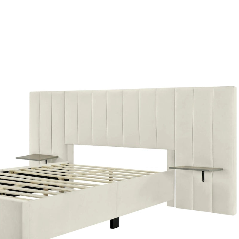 Beige Velvet Upholstered Platform Bed with Oversized Headboard & Side Shelves, Full/Queen