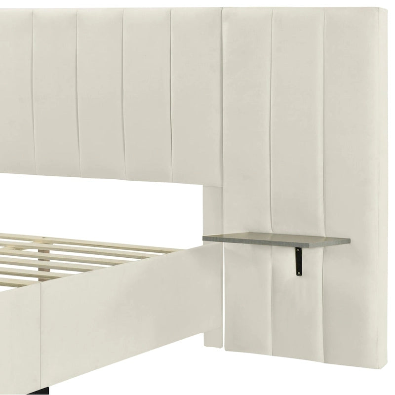 Beige Velvet Upholstered Platform Bed with Oversized Headboard & Side Shelves, Full/Queen