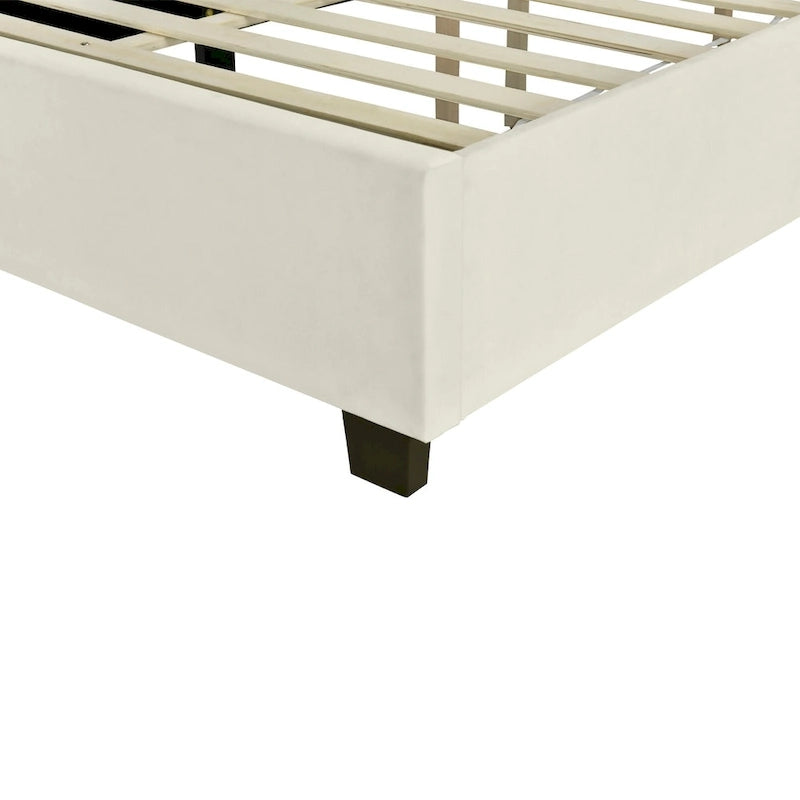 Beige Velvet Upholstered Platform Bed with Oversized Headboard & Side Shelves, Full/Queen