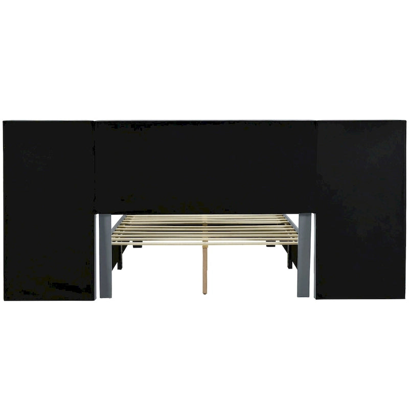 Beige Velvet Upholstered Platform Bed with Oversized Headboard & Side Shelves, Full/Queen
